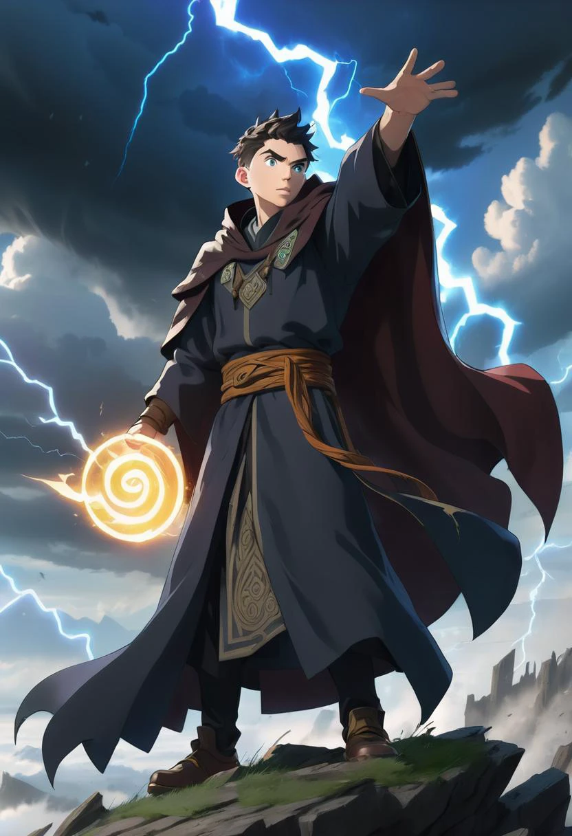 (Anime sharp lines, crisp lineart), firm stance on mountain ledge over fighting army, Furious battle damaged 25-year-old male mage in tattered wizard cloak, (one arm raised outstretched hand gesturing with his fingers glowing runic symbols the air that are changing the weather overlooking a massive battlefield, tornado, storm, lightning:1.2), magic, fantasy,