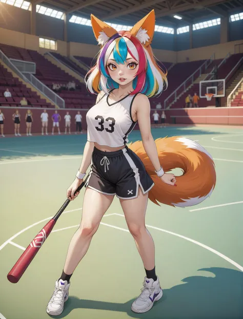 1female, mature female, realistic, dynamic pose, holding baseball bat, multicolored hair, fox ears, fox tail, basketball court