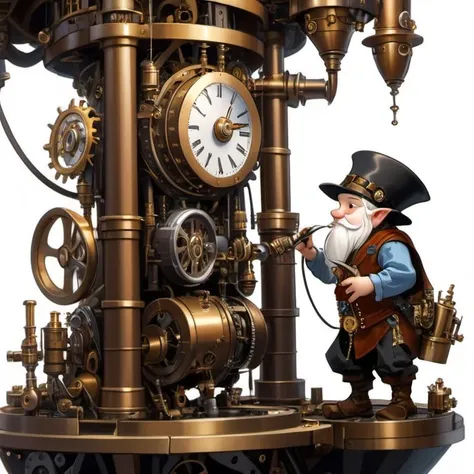 3. A tiny gnome tinkerer inside the intricate clockwork of a towering steampunk robot. Detailed macro perspective capturing the small mechanic at work.