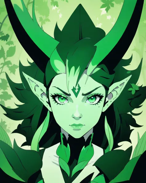 (1girl:1.4), flat green color, lineart, (fractals:1.1), green theme, elf, pointy ears, green eyes, greyscale, monochrome, masterpiece, best quality,
