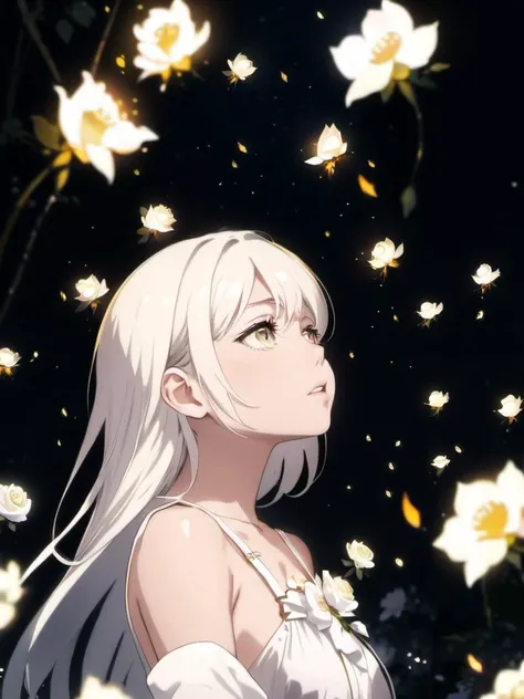 face focus, masterpiece, best quality, 1girl, , white roses, petals, night background, fireflies, light particle, solo, standing, pixiv, depth of field, cinematic composition, best lighting, looking up