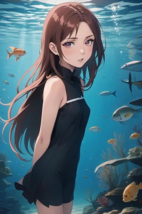 (masterpiece, best quality, highres, anime), (1girl, long hair, looking at viewer, blush, underwater, fish, ocean),
