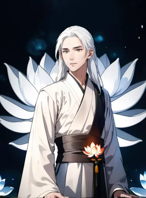 (best quality),(photo-realistic:1),realistic skin texture,bokeh,face focus,looking at viewer,from below,1man,male,long hair,white hair,full_body,slim body,upper body,Song Dynasty,gorgeous,Chinese hanfu,long sleeve,(floating Lotus:1.5),((((Lotus, Ice and Fire Lotus, Glowing Lotus))))