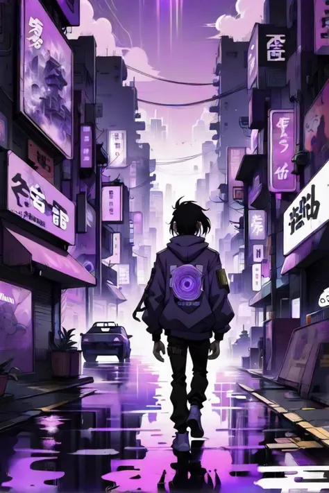 anime city street scene with a person walking down the street, purple omnious sky, in a cyberpunk setting, hip hop album art cover, in a tropical and dystopic city, complex background, purple water, taken in the early 2020s, by dong yuan, music album cover, ross tran and studio ghibli, purple liquid, 2019 anime screenshot