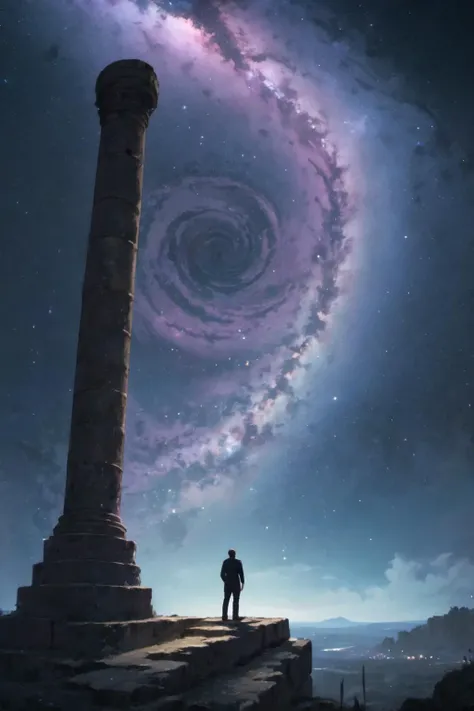 <lora:mwh3l4n:1> man stands on the ruins of a pillar at night looking at a spiral galaxy in the sky