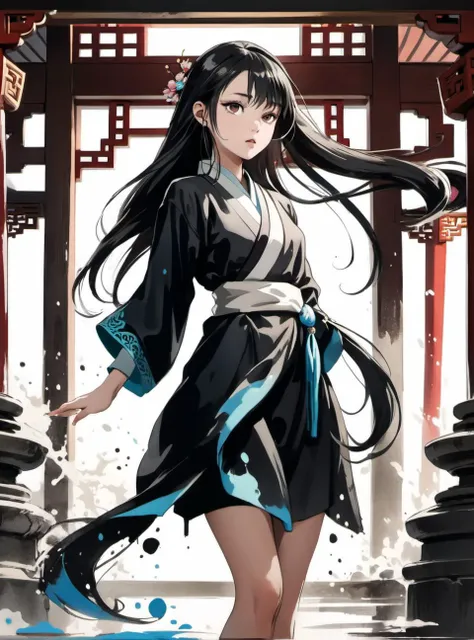 dramatic angle,(fluttered detailed ink splashs), (illustration),(((1 girl))),(long hair),(rain:0.6),(expressionless ,hair ornament:1.4),there is an ancient palace beside the girl,chinese clothes,(focus on), color Ink wash painting,(ink splashing),color splashing,((colorful)),[sketch], Masterpiece,best quality, beautifully painted,highly detailed,(denoising:0.7),[splash ink],yin yang
