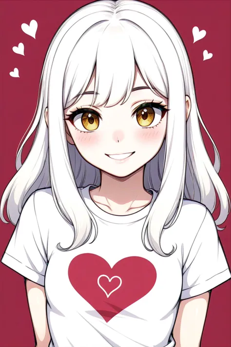 1girl, hazel yellow eyes, white hair, long hair, hime cut, blunt bangs, flat chest, beautiful smile, t-shirt with text saying "69" in heart
