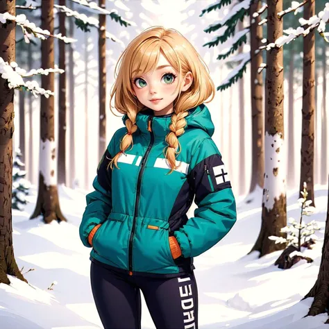 Hasselblad Award Winner, 50mm, photorealistic, a cute finnish girl, slim body, cozy winter jacket and pants ,delicate face, full body shot, deep forest