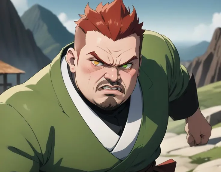 (Anime sharp lines, crisp lineart), Action scene, dynamic pose, firm stance, combat stance,
Focus on (Alchemist, Gentleman, Tall, Obese, Diamond-Shaped Face, Olive Skin, Red Hair, Brown Eyes with Green Flecks, Narrow Nose, Thick Lips, Sharp Chin, Extended Goatee, Buzz Cut, Braided, A volcanic wasteland, with rivers of fire flowing into a molten sea) fighting (Zombie),
In a tranquil monastery on a mountaintop, where monks study ancient spells,