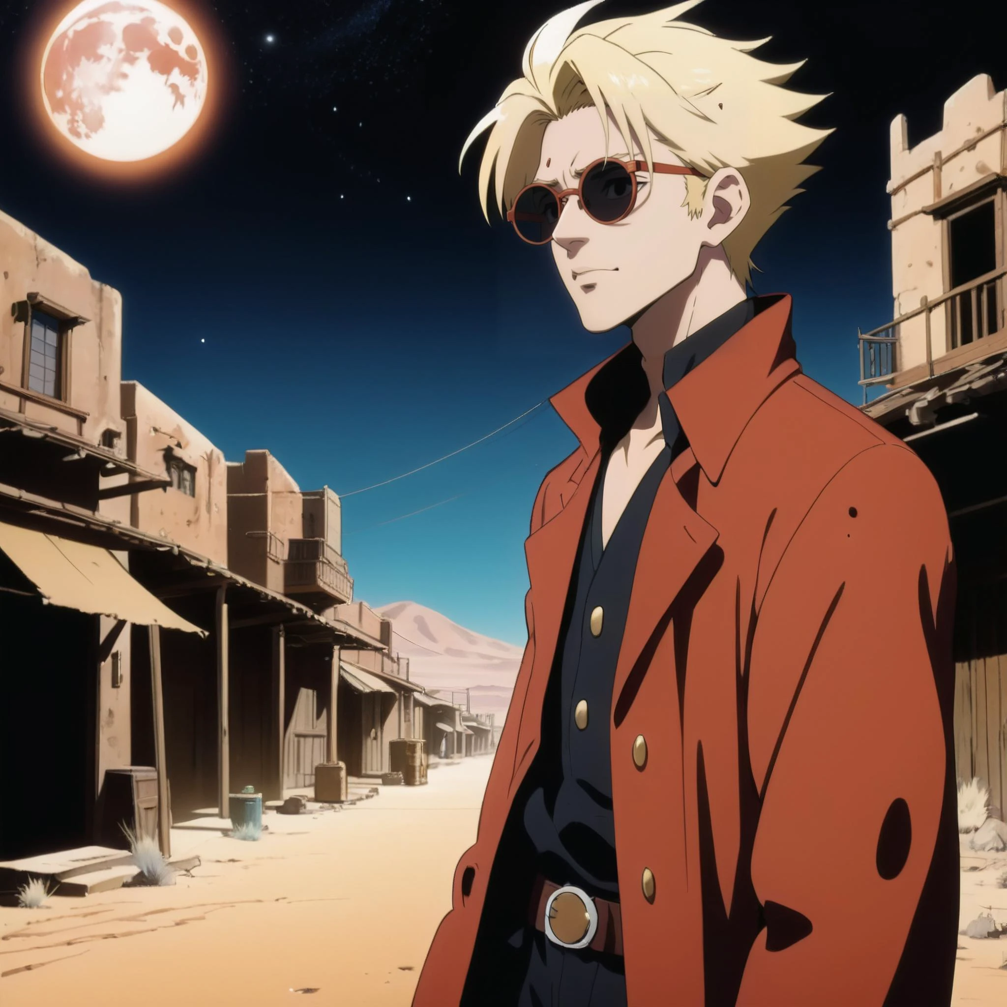 A 1990's anime photo film grain of 20 year old Japanese male, Vash the stampede, Blonde spiky hair, Long red coat, Circle sunglasses, In a sprawling desert city, Double moons in background, Taverns and old western style buildings in the background on the side, He is in the middle of the road, Tumbleweed passing by, Orange lighting, Dark starry sky, Buildings filled with bullet holes, Dry desert, 1990's, Sci fi, Old western, Spaghetti western