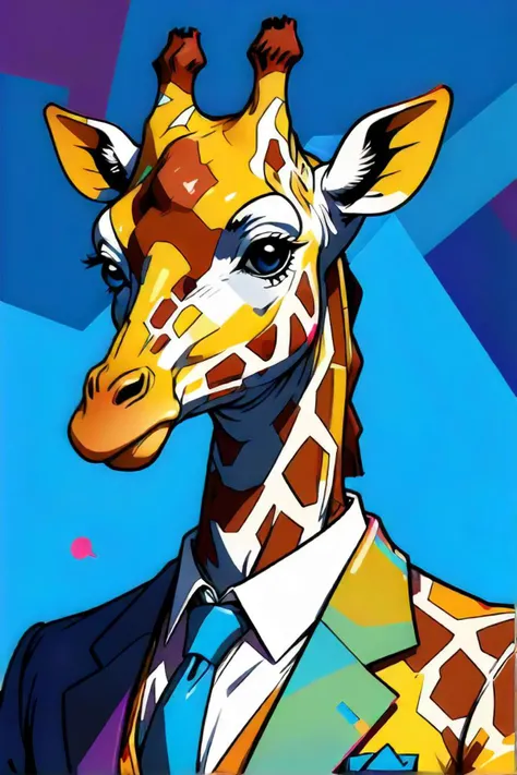 brightly colored giraffe wearing a suit and tie with a blue background, a digital painting by lisa frank, featured on artstation, pop art, long neck, giraffe,  Sportrait of a cartoon animal