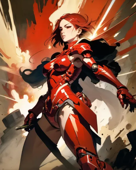 1 female
detailed face
battle stance,
red armor
shadows
dramatic lighting
ruins,
smokes
explosions
(best quality, masterpiece, oil painting by Ashley Wood )