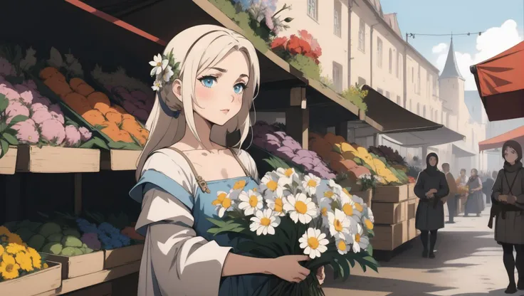 Girl with flowers in her arms, traditional market, Medieval Europe Background, 2d, anime