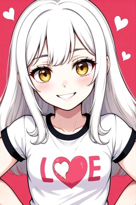 1girl, hazel yellow eyes, white hair, long hair, hime cut, blunt bangs, rolling eyes, beautiful smile, flat chest, t-shirt with text saying "love creampie" in heart,