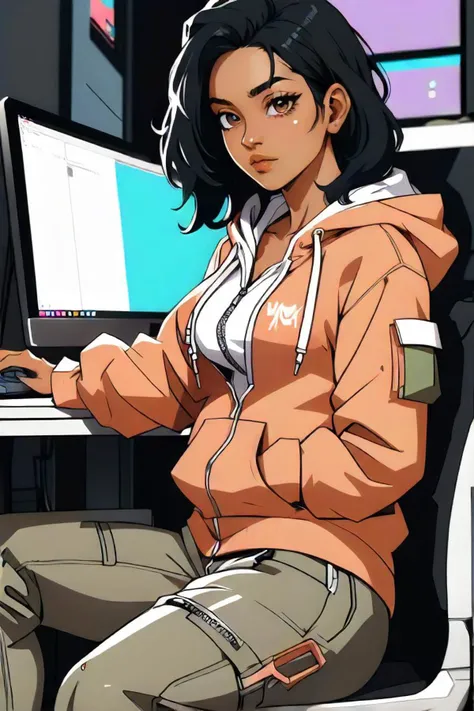 a photograph of , a indian portuguese wonderful woman, in her 20s, adult, fashion photograph, wearing a hoodie top and a cargo pants with zip off legs, sexy outfit, peach aesthetic, a computer atmosphere