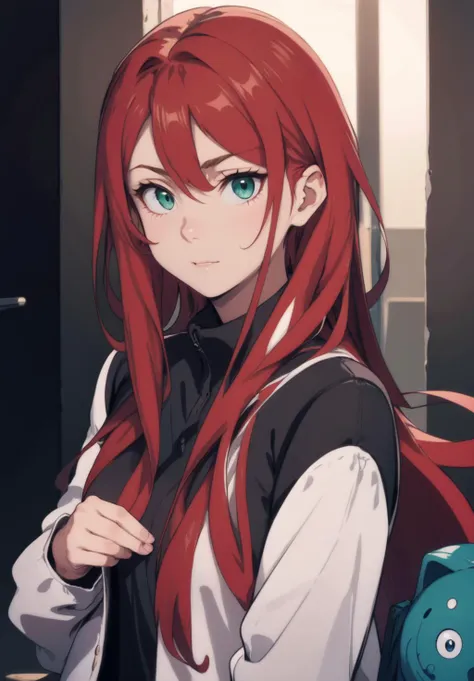 anime, 1girl, red hair, long hair, messy hair, green eyes, looking at viewer, detailed eyes, upper body, high details, masterpiece, best quality,