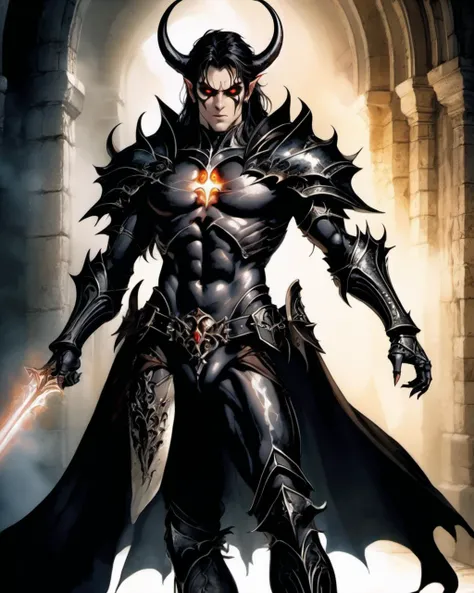 1 male demon, glowing eyes, detailed face, battle stance
gothic armor, cape, castle,
detailed, dramatic lighting, shadow,
by Luis Royo
(best quality, masterpiece, )