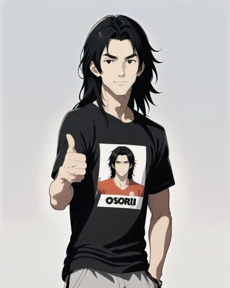 1boy, long black hair, thumbs up, (wearing tshirt with text saying "osoru":1.2), tshirt with text, simple simple background, masterpiece, best quality,