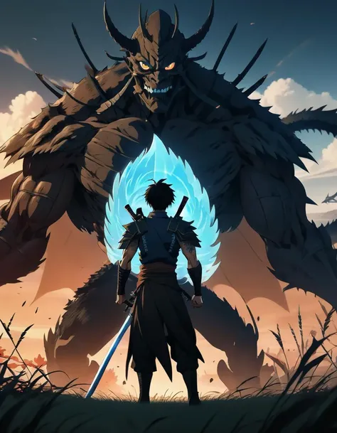(Anime sharp lines, crisp lineart), Climactic scene, a samurai with his katana standing in a field facing a distant giant skeletal undead dragon, blue glowing eyes, two outstretched wings, scaled muscular arms sharp claws, ready to start fight, intense scene, fire and air flows, attack on titan style, masterpiece, cinematic,(size difference),