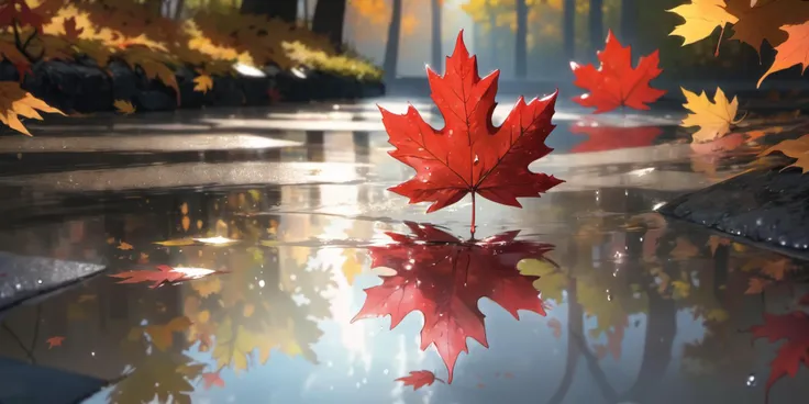 masterpiece,best quality,rain style,sunlight,light,puddle,beautiful lighting,blowing,reflection,autumn leaves,maple leaf,red particles,depth of field,forest,