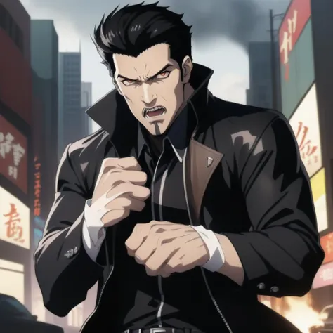 1boy, fists, looking at viewer, angry, incoming attack, bandaged arm, bare hands, anime, goatee, city background, vampire, leather jacket, mafia, rockabilly, elvis hair, masterpiece, best quality,