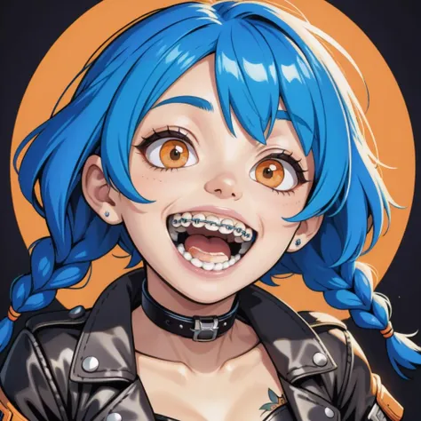 1girl smile, teeth, braces, orange eyes, blue hair, tattoo, crazy eyes, leather jacket, twin braids, upper body, open mouth, ahegao, masterpiece, best quality,