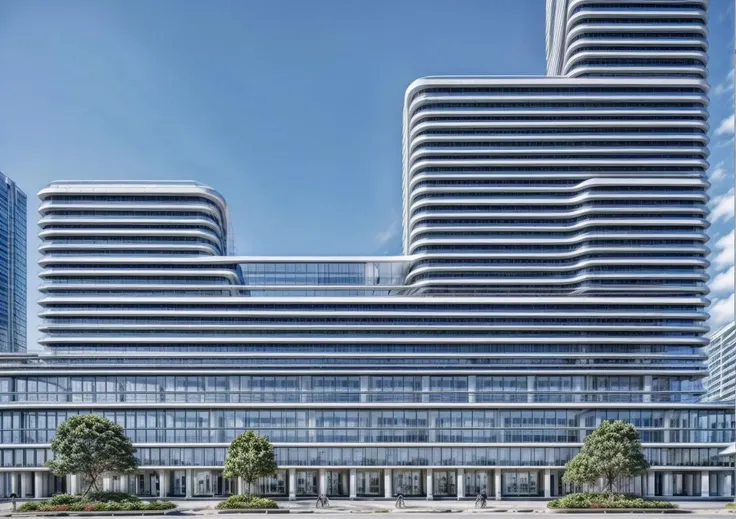 (masterpiece:1.1),(extremely detailed:1.1),(photorealistic:1.1),(best quality:1.1),The image features a large, modern building with a curved glass exterior, resembling a large glass dome. The building is situated in a city, and it appears to be a hotel or a high-rise office building. The glass exterior gives the building a sleek and contemporary appearance.In the foreground, there are several cars parked outside the building, adding to the urban atmosphere. The scene also includes a few people walking around, likely going about their daily activities. The combination of the glass building, cars, and pedestrians creates a lively and bustling cityscape.