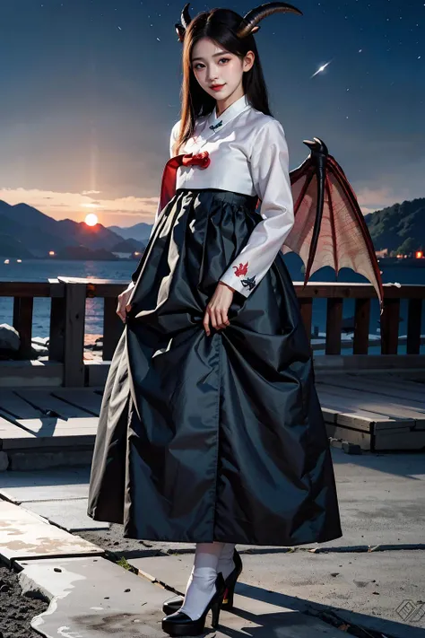 ((8k)), (masterpiece), best quality, ((photo realistic)), ultra detailed, village_succubus korean 25 age 1girl, korean clothes, <lora:last1234:0.7>, ((hanbok)), (black miniskirt hanbok), ((smile)), (black_long_hair), NO audience, ((starry sky beach background)), ((dynamic pose)), sunset, (high heels), (black thighhighs), looking at viewer, perfect anatomy, incoming hug, <lora:VillageSuccubus_v4:0.4>, (dragon wings, HORNS:1.3), (dragon tail), <lora:GoodHands-vanilla:1>, ((nice hands)), ((perfect hands)), full body shot,