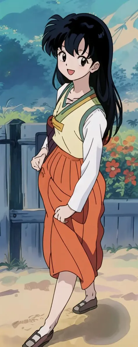 masterpiece, best quality, 4K, SSAO, antialiasing, TV animation, anime, colorful, hyper detail, immature body, midteen, bishoujo, happy and big smile, open mouth, put hands down, background_spring field, frontal body, 1person, standing, kagome higurashi, Korean, modern hanbok, miniskirt <lora:Kagome Higurashi:1> <lora:femaleNobleClassHanbok_v10:1>