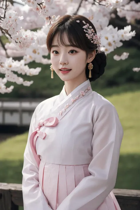 (best quality, 8K, masterpiece: 1.3), ((((((Incredibly huge breasts: 0.8))))), single ponytail, (beautiful face:1.3), Cherry blossoms are in full bloom, full of cherry blossoms, floating cherry blossom petals, very cool, authentic hanbok,pregnancy,