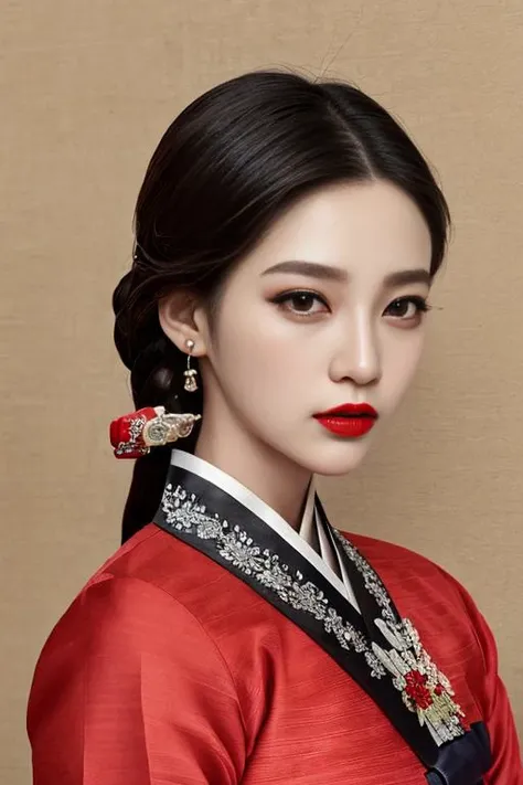 (masterpiece,best quality,photorealistic,wallpaper), (extremely detailed face) ,(very detailed and expressive eyes),((upper body)),((looking at viewer)),<lora:koreanDollLikeness_v10:0.2>,black choker,red lips,ear ornament,(hanbok),<lora:femaleNobleClassHanbok_v06:0.6>