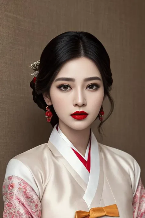 (masterpiece,best quality,photorealistic,wallpaper), (extremely detailed face) ,(very detailed and expressive eyes),((upper body)),((looking at viewer)),<lora:koreanDollLikeness_v10:0.2>,black choker,red lips,ear ornament,(hanbok),<lora:femaleNobleClassHanbok_v06:0.6>