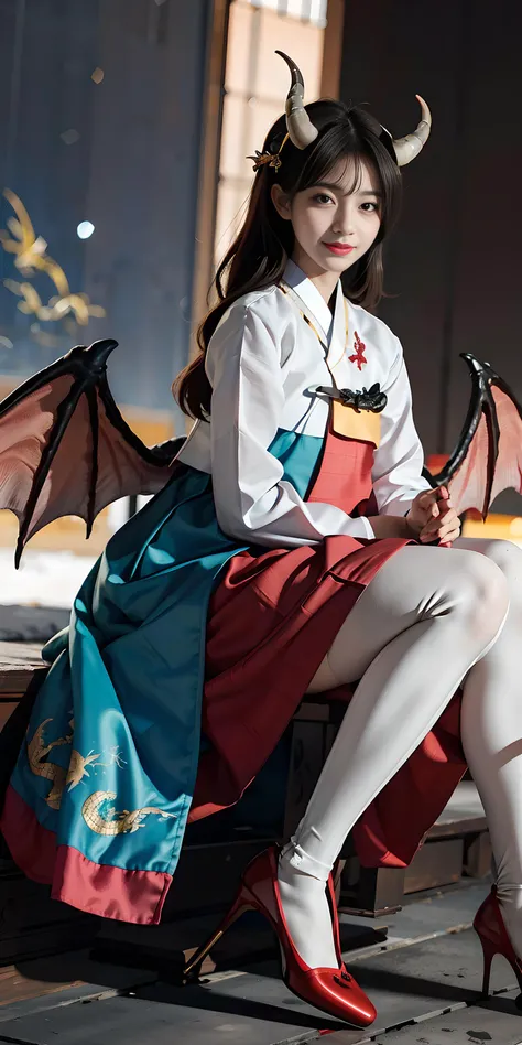 ((8k)), (masterpiece), best quality, (photo realistic), ultra detailed, village_succubus korean 25 age 1girl, korean clothes, <lora:last1234:0.7>, ((hanbok)), (black miniskirt hanbok), ((smile)), (black_long_hair), NO audience, starry sky ocean background, ((dynamic pose)), sunset, (high heels), (black thighhighs), looking at viewer, perfect anatomy, incoming hug, <lora:VillageSuccubus_v4:0.4>, ((dragon wings, HORNS:1.3)),  (dragon tail), <lora:GoodHands-vanilla:1>, ((nice hands)), ((perfect hands)), full body shot,