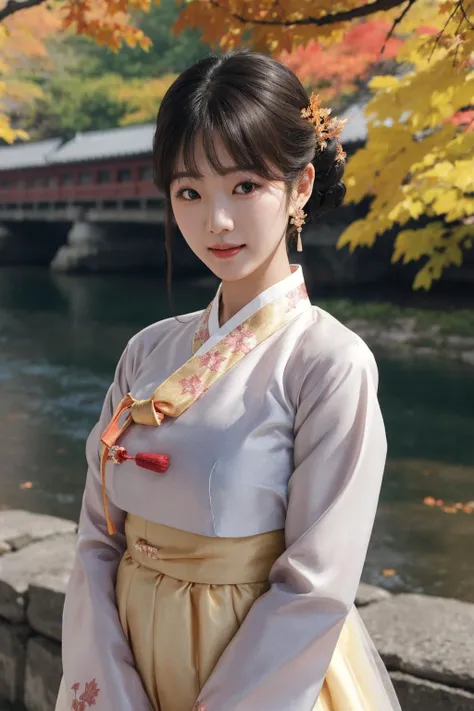 <lora:femaleNobleClassHanbok_v10:0.5>, hanbok, best quality, masterpiece, illustration, (realistic, photo-realistic:1.37), amazing, finely detail, incredibly absurdres, huge filesize, ultra-detailed, highres, extremely detailed CG unity 8k wallpaper, ray tracing, (nsfw), (nude), 1girl, orgasm, large breasts, Portrait view of a young, innocent looking Korean girl's upper body wearing an extremely sheer and see-through hanbok outdoors in autumn for Mid-Autumn festival, with a smiling face, but still having heavy breathing, blush, embarrassed expression. She has bright facial features, smooth skin, lively big eyes, voluptuous breasts, golden hair ornaments, hair ribbons, earrings, golden hair sticks, tassels, bangs, sweat, on a gravel road, with autumn maple leaves floating in the wind, near a river with red maple trees, woodle bridge. The hanbok fabric is transparent like a thin veil, revealing a lot of skin, underboob and underboob cutouts.