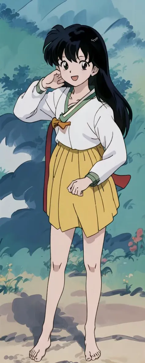 masterpiece, best quality, 4K, SSAO, antialiasing, TV animation, anime, colorful, hyper detail, immature body, midteen, bishoujo, happy and big smile, open mouth, put hands down, background_spring field, frontal body, 1person, standing, kagome higurashi, Korean, modern hanbok, miniskirt <lora:Kagome Higurashi:1> <lora:femaleNobleClassHanbok_v10:1>
