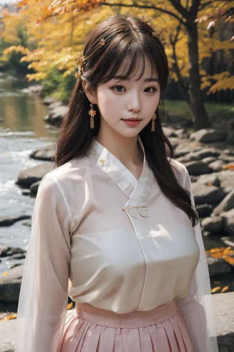 (see through hanbok:1.3), best quality, masterpiece, illustration, (realistic, photo-realistic:1.37), amazing, finely detail, incredibly absurdres, huge filesize, ultra-detailed, highres, extremely detailed CG unity 8k wallpaper, ray tracing, (nsfw), (nude), 1girl, orgasm, huge breasts, Portrait view of a young, innocent looking Korean girl's upper body wearing an extremely sheer and see-through hanbok outdoors in autumn for Mid-Autumn festival, with a smiling face, but still having heavy breathing, blush, embarrassed expression. She has bright facial features, smooth skin, lively big eyes, voluptuous breasts, golden hair ornaments, hair ribbons, earrings, golden hair sticks, tassels, bangs, sweat, on a gravel road, with autumn maple leaves floating in the wind, near a river with red maple trees, woodle bridge. The hanbok fabric is transparent like a thin veil, revealing a lot of skin, underboob and underboob cutouts.