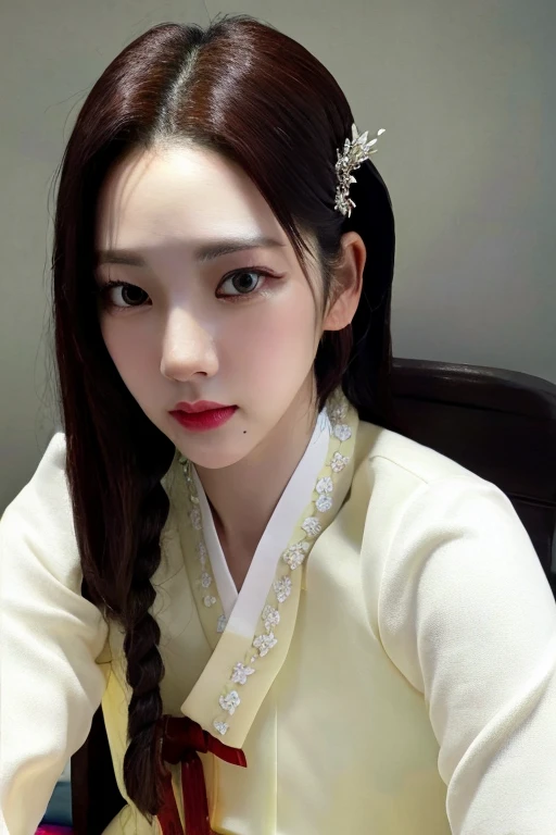 a aespakarina, perfect eyes, (dark hair:1.1), (ultra realistic:1.2), (close-up photo:0.8), (intricate:1.2), (looking at camera:1.2), hanbok, aespakarina, <lora:femaleNobleClassHanbok_v06:0.8>,  <lora:aespaKarina_aespaKarinaV2:1>