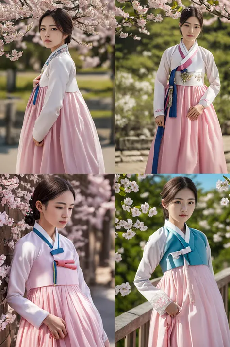 masterpiece,
full shot_photo of a girl in pink hanbok surrounded Cherry Blossom, at the noon, blue sky background,
well-proportioned figure,
finely detailed skin, sharp focus, cinematic lighting,
4k, high-res, masterpiece, best quality, photorealistic, best quality, masterpiece, realistic, masterpiece_portrait, 4k,
high_quality, hyper_detail, Hasselblad photography, <lora:femaleNobleClassHanbok_v06:0.8>