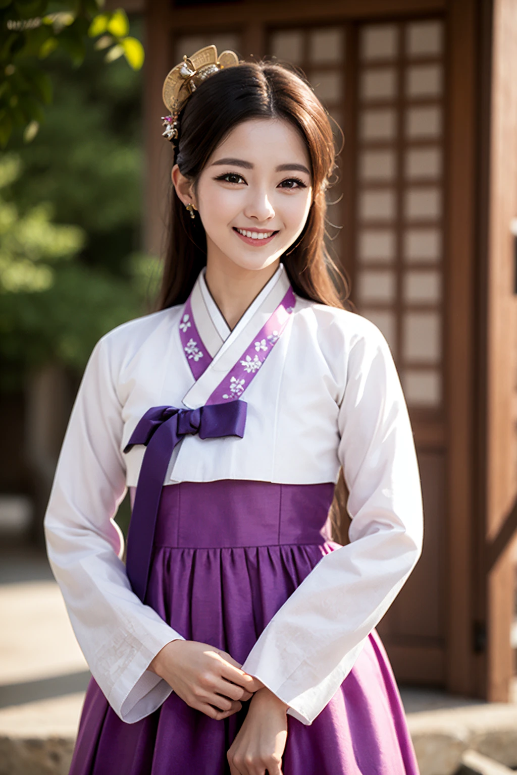 1girl, purple_hanbok,platium golden long hair, medium breasts, cowboy shot,high detailed eyes, looking at viewer, smile, hands in front,
<lora:femaleNobleClassHanbok_v06:0.6>