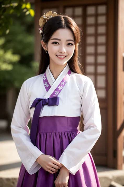 1girl, purple_hanbok,platium golden long hair, medium breasts, cowboy shot,high detailed eyes, looking at viewer, smile, hands in front,
 <lora:femaleNobleClassHanbok_v06:0.6>