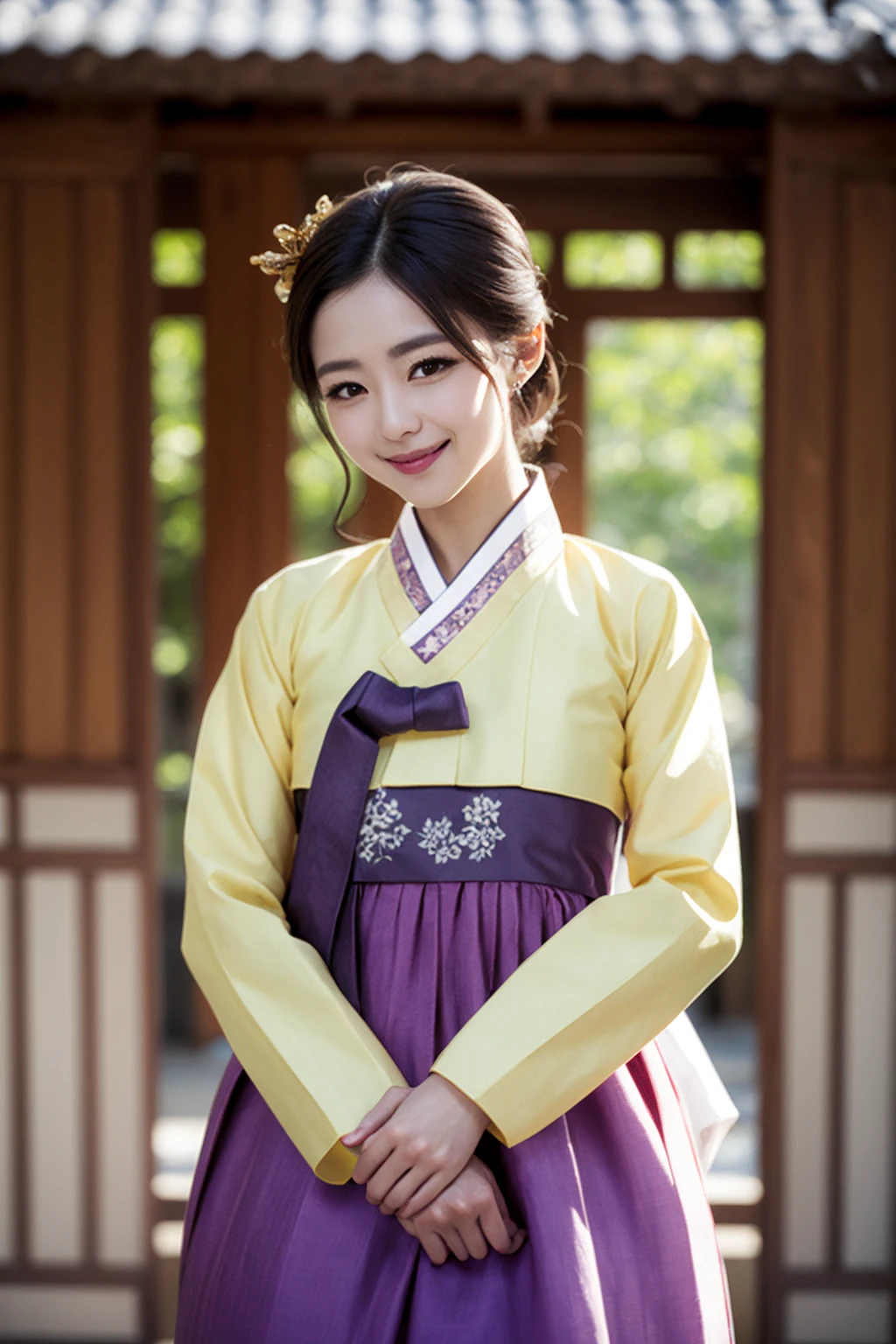 1girl, purple_hanbok,platium golden long hair, medium breasts, cowboy shot,high detailed eyes, looking at viewer, smile, hands in front,hair pins,
<lora:femaleNobleClassHanbok_v06:0.6>