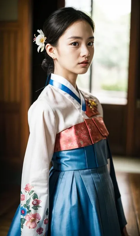 dark Hanok,  (masterpiece), (detailed), (intricate details), (realistic, photo-realistic:1.37),illustration, an extremely delicate and beautiful, extremely detailed, CG,unity, 8k wallpaper, Amazing, finely detail, extremely detailed CG unity 8k, ultra-detailed, highres, extremely detailed, extremely detailed eyes and face, <lora:k-seuta03:0.7>, full body, front view, (looking at viewer:1.4), 1girl, (18yo), pale skin, black hair, ponytail, Accessories, hair ornaments, earrings, flower patterns, <lora:hanbok_w_v10:0.65>, hanbok,  slender body, <lora:FilmG2:0.7>