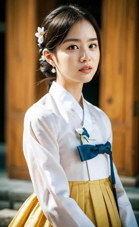 Gyeongbokgung, (masterpiece), (detailed), (intricate details), (realistic, photo-realistic:1.37),illustration, an extremely delicate and beautiful, extremely detailed, CG,unity, 8k wallpaper, Amazing, finely detail, extremely detailed CG unity 8k, ultra-detailed, highres, extremely detailed, extremely detailed eyes and face, <lora:k-seuta03:0.7>, upper body, looking at viewer, 1girl, (18yo), pale skin, black hair, ponytail, hairpin, Accessories, hair ornaments, earrings, flower patterns, <lora:hanbok_w_v10:0.65>, white hanbok, slender body, <lora:FilmG2:0.7>