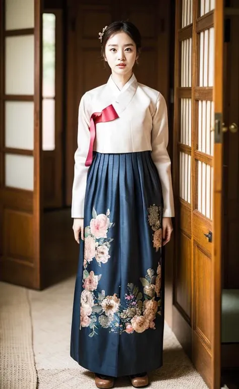 dark Hanok,  Korean classic house, (masterpiece), (detailed), (intricate details), (realistic, photo-realistic:1.37),illustration, an extremely delicate and beautiful, extremely detailed, CG,unity, 8k wallpaper, Amazing, finely detail, extremely detailed CG unity 8k, ultra-detailed, highres, extremely detailed, extremely detailed eyes and face, <lora:k-seuta03:0.7>, full body, front view, (looking at viewer:1.4), 1girl, (18yo), pale skin, black hair, ponytail, hairpin, Accessories, hair ornaments, earrings, flower patterns, <lora:hanbok_w_v10:0.65>, hanbok,  slender body, <lora:FilmG2:0.7>