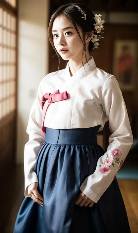 dark Hanok, (masterpiece), (detailed), (intricate details), (realistic, photo-realistic:1.37),illustration, an extremely delicate and beautiful, extremely detailed, CG,unity, 8k wallpaper, Amazing, finely detail, extremely detailed CG unity 8k, ultra-detailed, highres, extremely detailed, extremely detailed eyes and face, <lora:k-seuta03:0.7>, full body, front view, (looking at viewer:1.4), 1girl, (18yo), pale skin, black hair, ponytail, Accessories, hair ornaments, earrings, flower patterns, <lora:hanbok_w_v10:0.65>, hanbok, slender body, <lora:FilmG2:0.7>