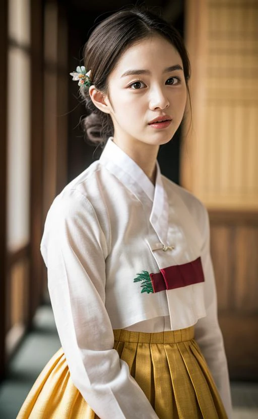 Gyeongbokgung, (masterpiece), (detailed), (intricate details), (realistic, photo-realistic:1.37),illustration, an extremely delicate and beautiful, extremely detailed, CG,unity, 8k wallpaper, Amazing, finely detail, extremely detailed CG unity 8k, ultra-detailed, highres, extremely detailed, extremely detailed eyes and face, <lora:k-seuta03:0.7>, upper body, (looking at viewer:1.4), 1girl, (18yo), pale skin, black hair, ponytail, hairpin, Accessories, hair ornaments, earrings, flower patterns, <lora:hanbok_w_v10:0.65>, white hanbok, slender body, <lora:FilmG2:0.7>