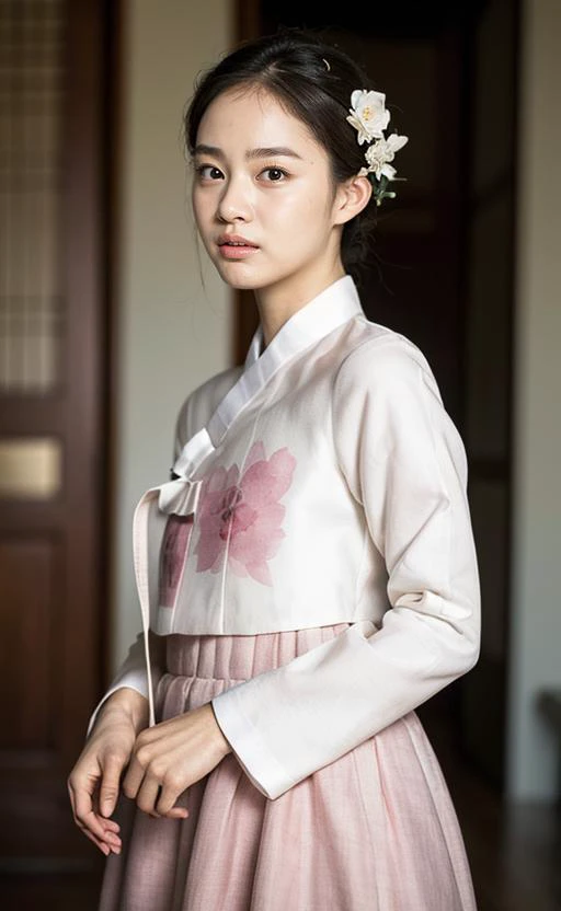 Gyeongbokgung, (masterpiece), (detailed), (intricate details), (realistic, photo-realistic:1.37),illustration, an extremely delicate and beautiful, extremely detailed, CG,unity, 8k wallpaper, Amazing, finely detail, extremely detailed CG unity 8k, ultra-detailed, highres, extremely detailed, extremely detailed eyes and face, <lora:k-seuta03:0.7>, upper body shot, (looking at viewer:1.4), 1girl, (18yo), pale skin, black hair, ponytail, hairpin, Gucci handbag, Accessories, hair ornaments, earrings, flower patterns, <lora:hanbok_w_v10:0.65>, white hanbok, slender body, <lora:FilmG2:0.7>