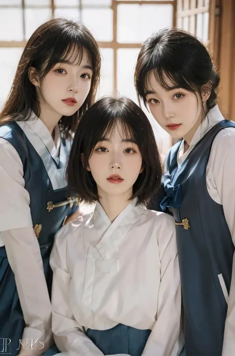 best quality, masterpiece, ultra highres, (photorealistic:1.4), (detailed face:1.4), raw photo, 3girls, black short hair, makeup, parted lips, looking at viewer, indoors, <lora:no105Girl_sdNo105000014:0.7>, <lora:Yan2:0.4>, <lora:femaleNobleClassHanbok_v10:0.6>, hanbok, ribbon, korean palaces