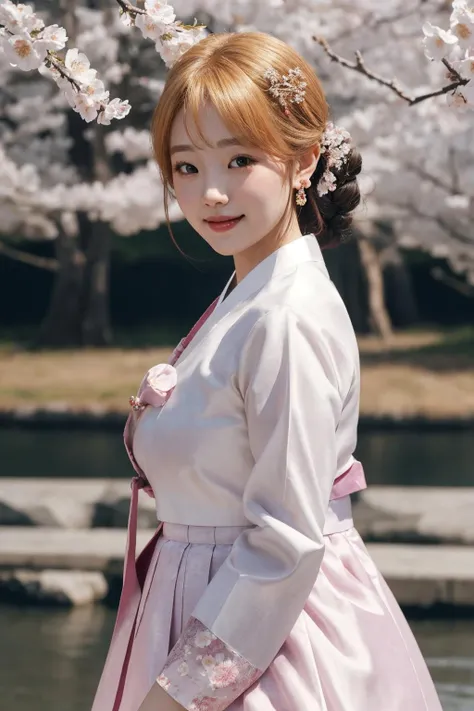 <lora:femaleNobleClassHanbok_v10:0.6>, hanbok, best quality, masterpiece, illustration, (realistic, photo-realistic:1.37), amazing, finely detail, incredibly absurdres, huge filesize, ultra-detailed, highres, extremely detailed CG unity 8k wallpaper, ray tracing, (nsfw), (nude), 1girl, orgasm, large breasts, blush, Portrait view of a young cute Korean girl's upper body wearing a see-through white hanbok outdoors, with a smiling face, but still having heavy breathing, blush, embarrassed expression. She has voluptuous breasts, golden hair ornaments, hair ribbons, earrings, hair flowers, golden hair sticks, tassels, bangs, sweat, on a gravel road, with petals floating in the wind, sakura floating, near a river and willow, woodle bridge, sakura trees. The hanbok is made of sheer and transparent fabric that reveals a lot of skin and underboob.