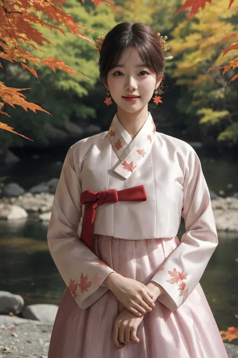 best quality, masterpiece, illustration, (realistic, photo-realistic:1.37), amazing, in detail, incredibly absurd, huge file size, very detailed, mackerel, very detailed CG Unity 8k 벽지, ray tracing, NSFW, nude, 1 woman, orgasm, View portrait of a young man, An innocent looking Korean girl is playing in the river water wearing a very transparent wet hanbok outdoors in the fall for the Mid-Autumn Festival.. through a transparent wet cloth., Her ample breasts are clearly visible., Generous outline and feminine shape. The thin drenched fabric reveals her slim waist and flat tummy... See-through wet outfit exposes underbelly and sides. she has a smiling face, with rough breathing, blush, embarrassed expression, Golden headdress, hair ribbon, earring, golden hair, alcohol, forehead, sweat, Autumn maple leaves floating on the river, Near the river with red maple trees, Oodle Bridge.